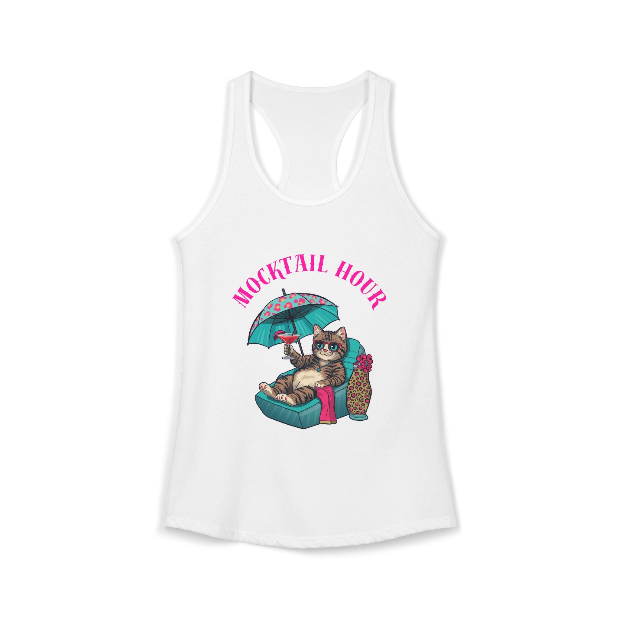 Mocktail Hour Cat Tanktop racerback — Relaxed Cat with Umbrella Graphic
