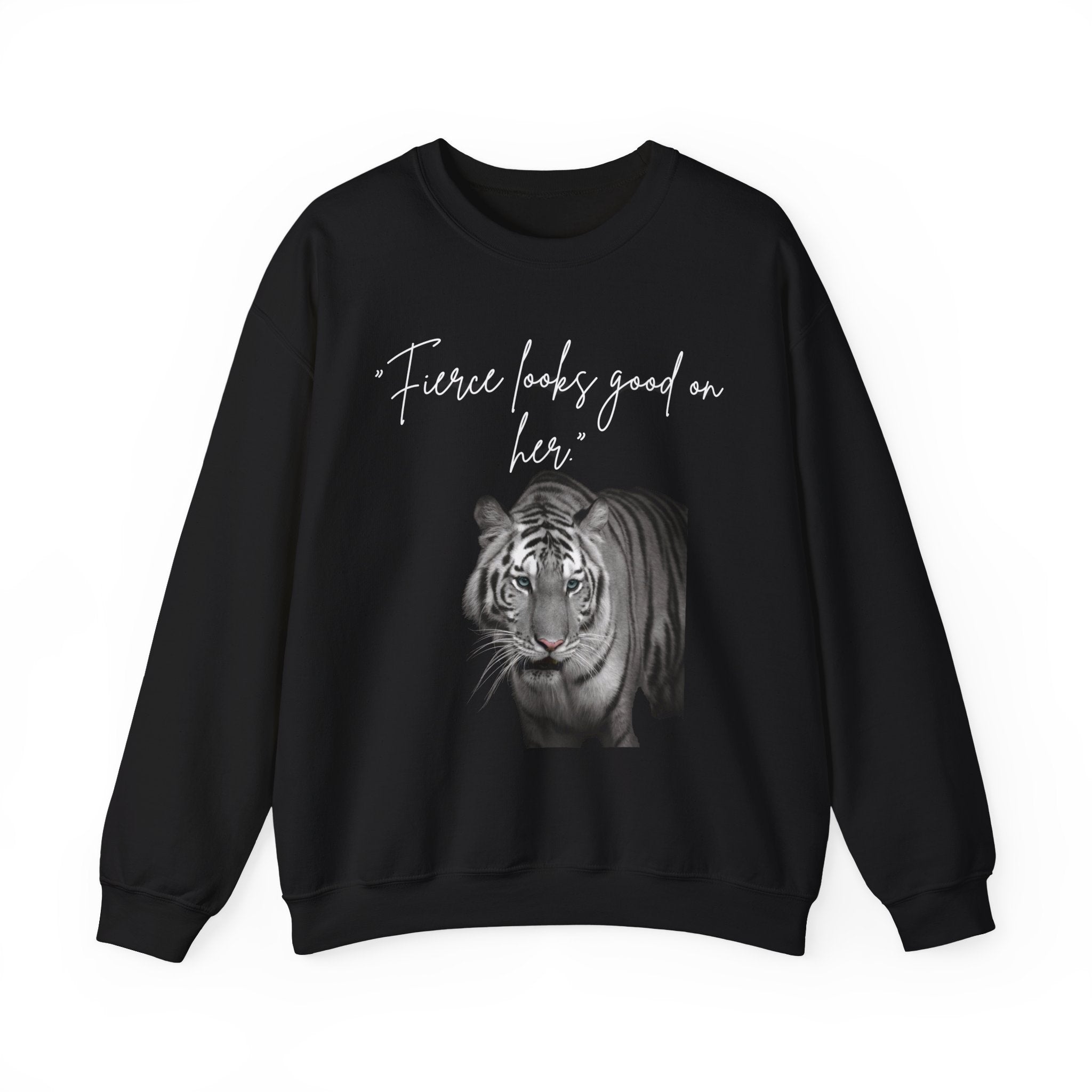 "Fierce Looks Good on Her" White Tiger Crewneck Sweatshirt –
