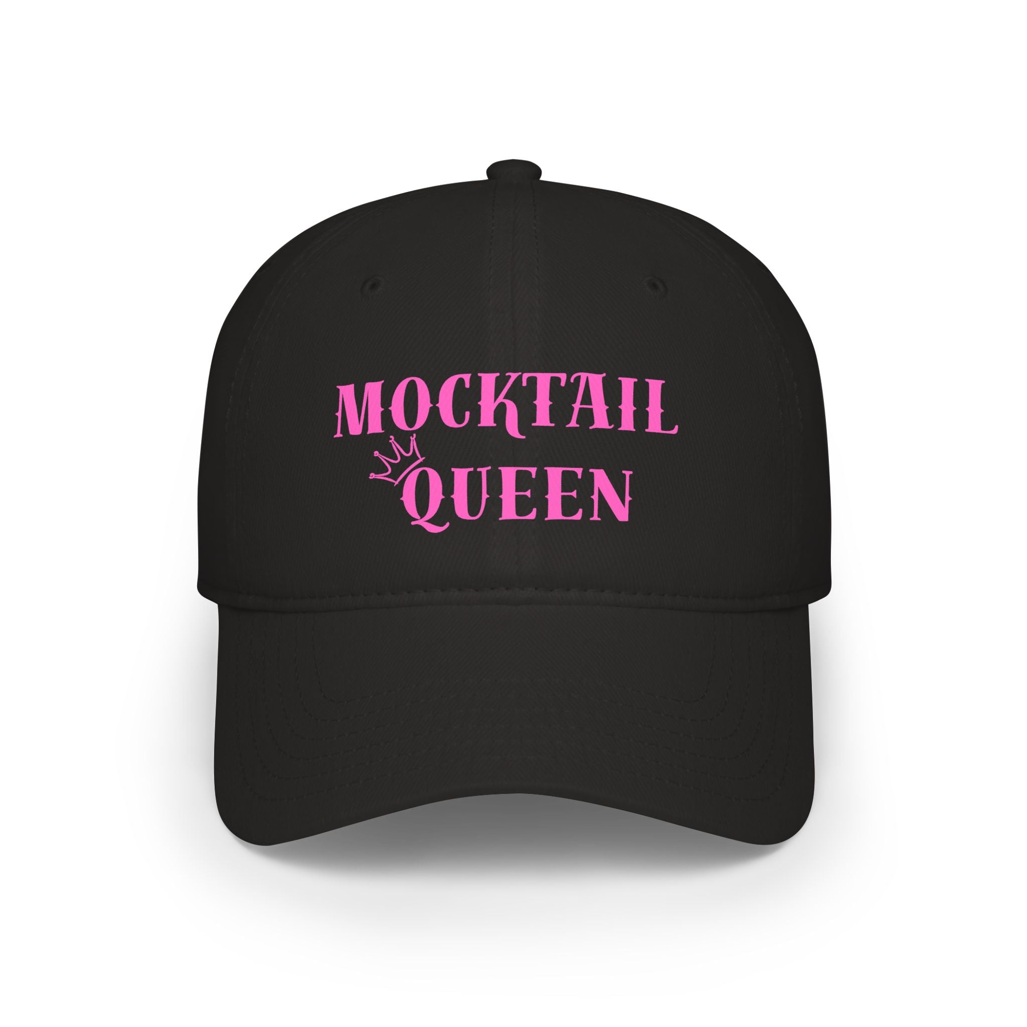 Mocktail Queen Baseball Cap — Pink Text Low Profile Hat for Sober & Non-Alcoholic Celebrations