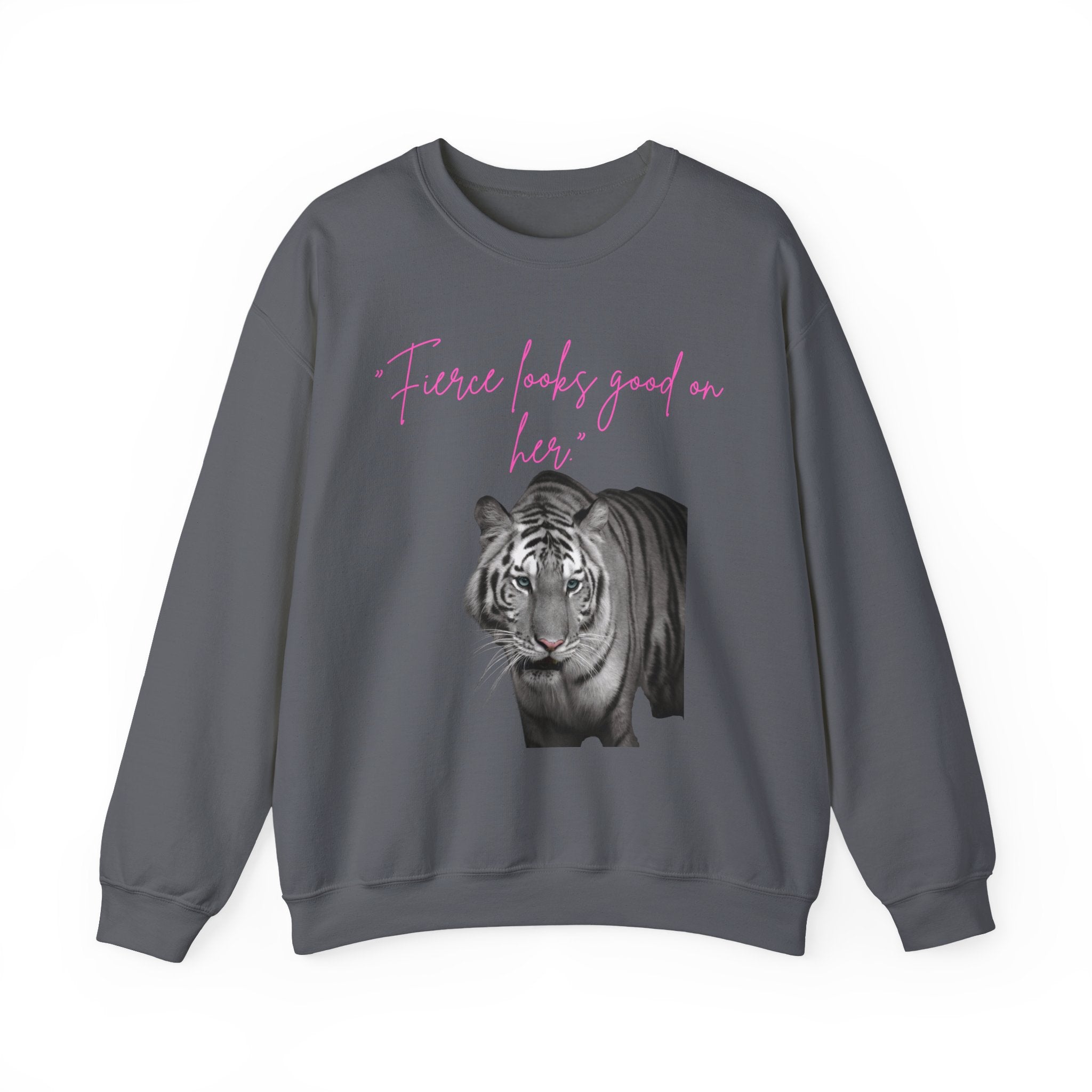 "Fierce Looks Good on Her" White Tiger GraphicCrewneck Sweatshirt