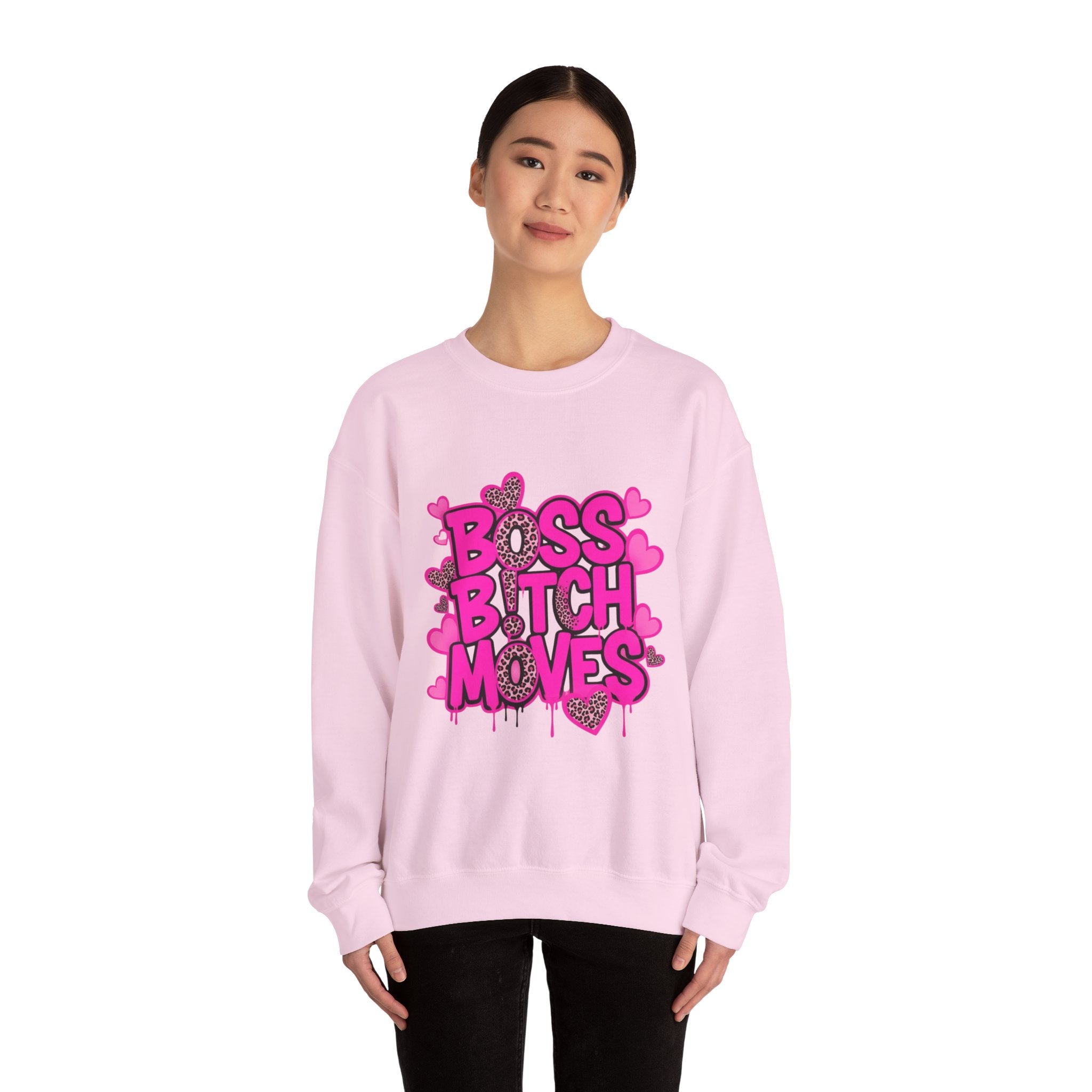 "Boss Bitch Moves" Pink Heart Graphic Crewneck Sweatshirt