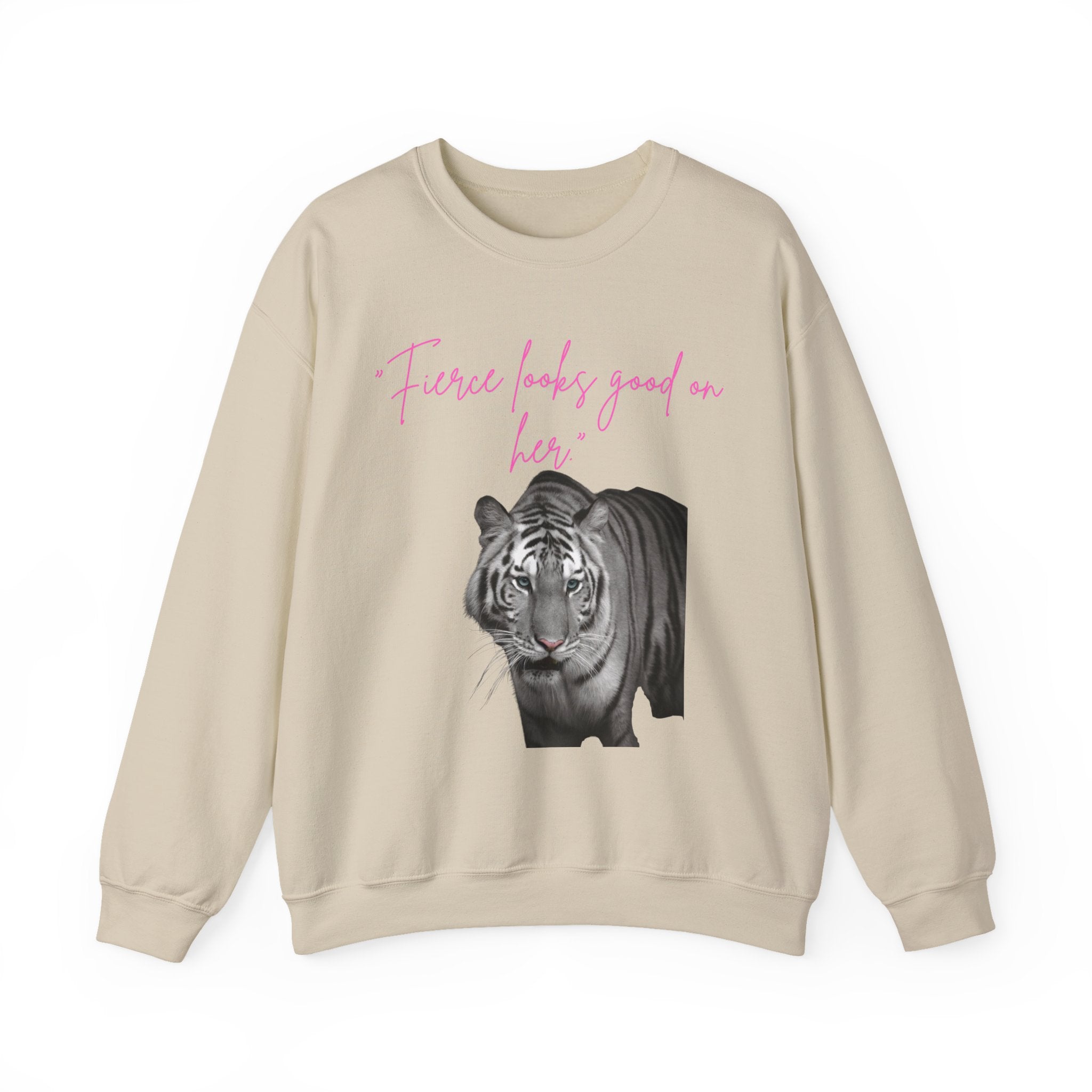 "Fierce Looks Good on Her" White Tiger GraphicCrewneck Sweatshirt