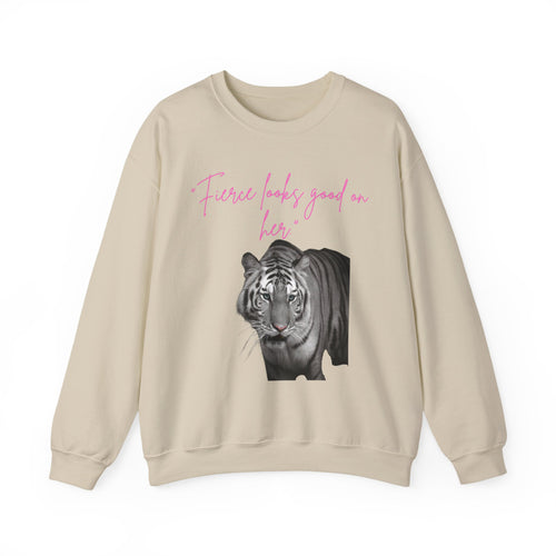 "Fierce Looks Good on Her" White Tiger GraphicCrewneck Sweatshirt