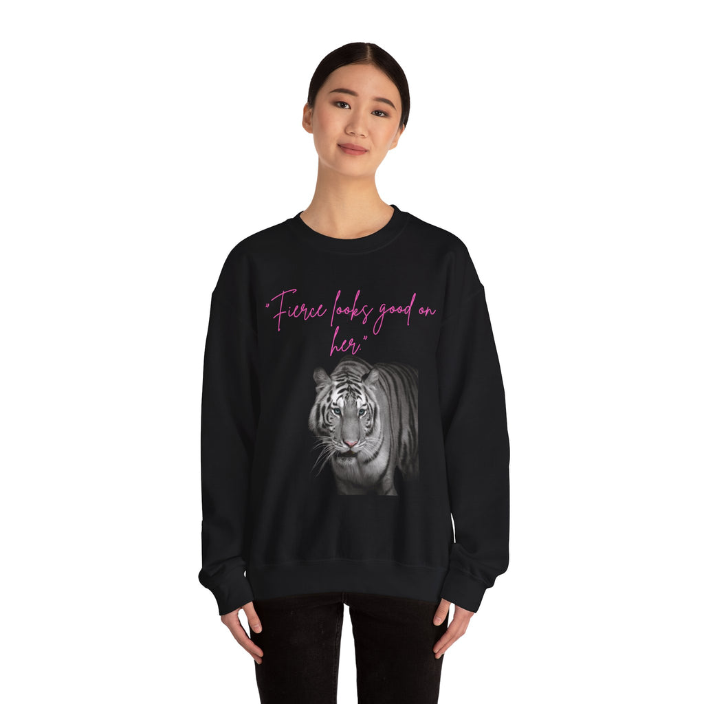 "Fierce Looks Good on Her" White Tiger GraphicCrewneck Sweatshirt
