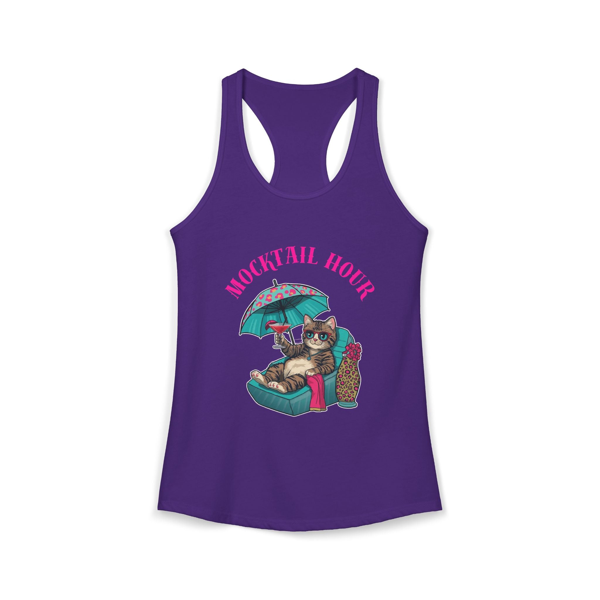 Mocktail Hour Cat Tanktop racerback — Relaxed Cat with Umbrella Graphic
