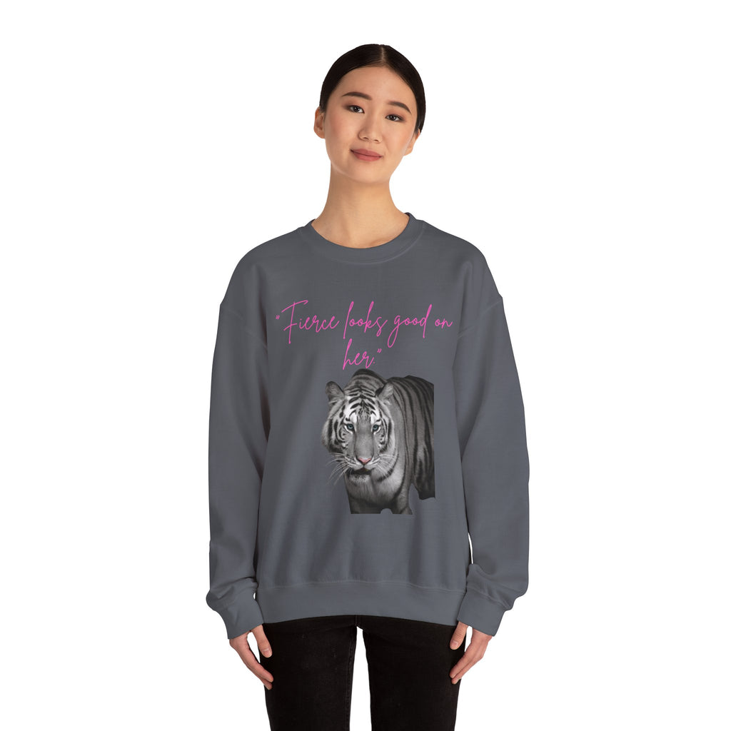 "Fierce Looks Good on Her" White Tiger GraphicCrewneck Sweatshirt