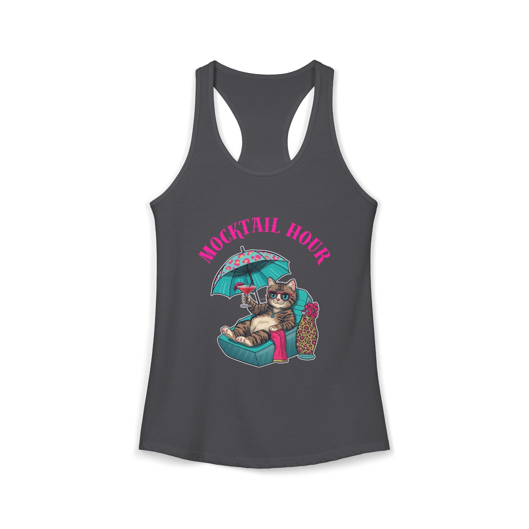 Mocktail Hour Cat Tanktop racerback — Relaxed Cat with Umbrella Graphic