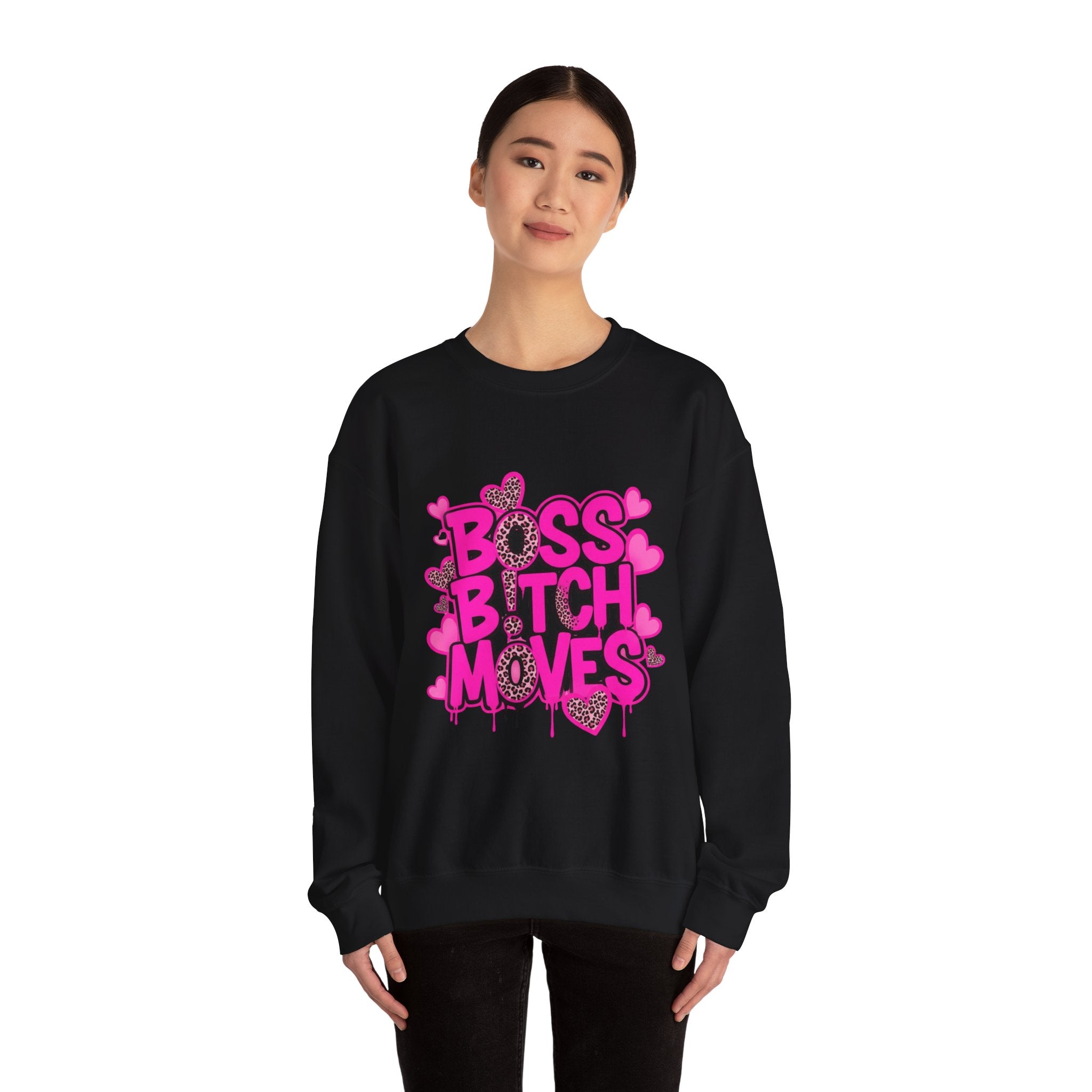 "Boss Bitch Moves" Pink Heart Graphic Crewneck Sweatshirt