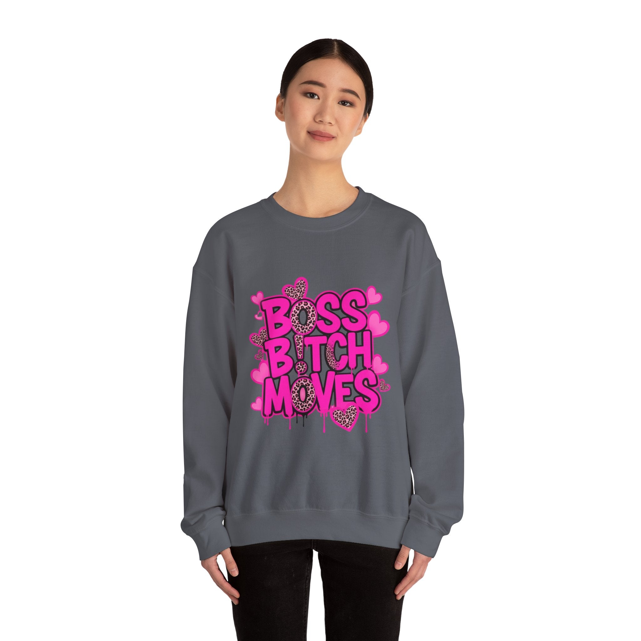 "Boss Bitch Moves" Pink Heart Graphic Crewneck Sweatshirt