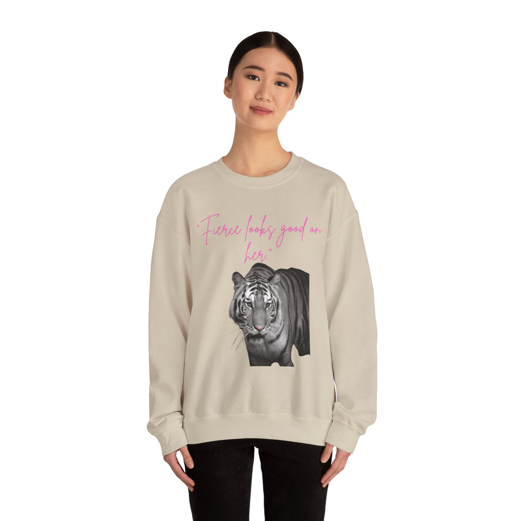 "Fierce Looks Good on Her" White Tiger GraphicCrewneck Sweatshirt