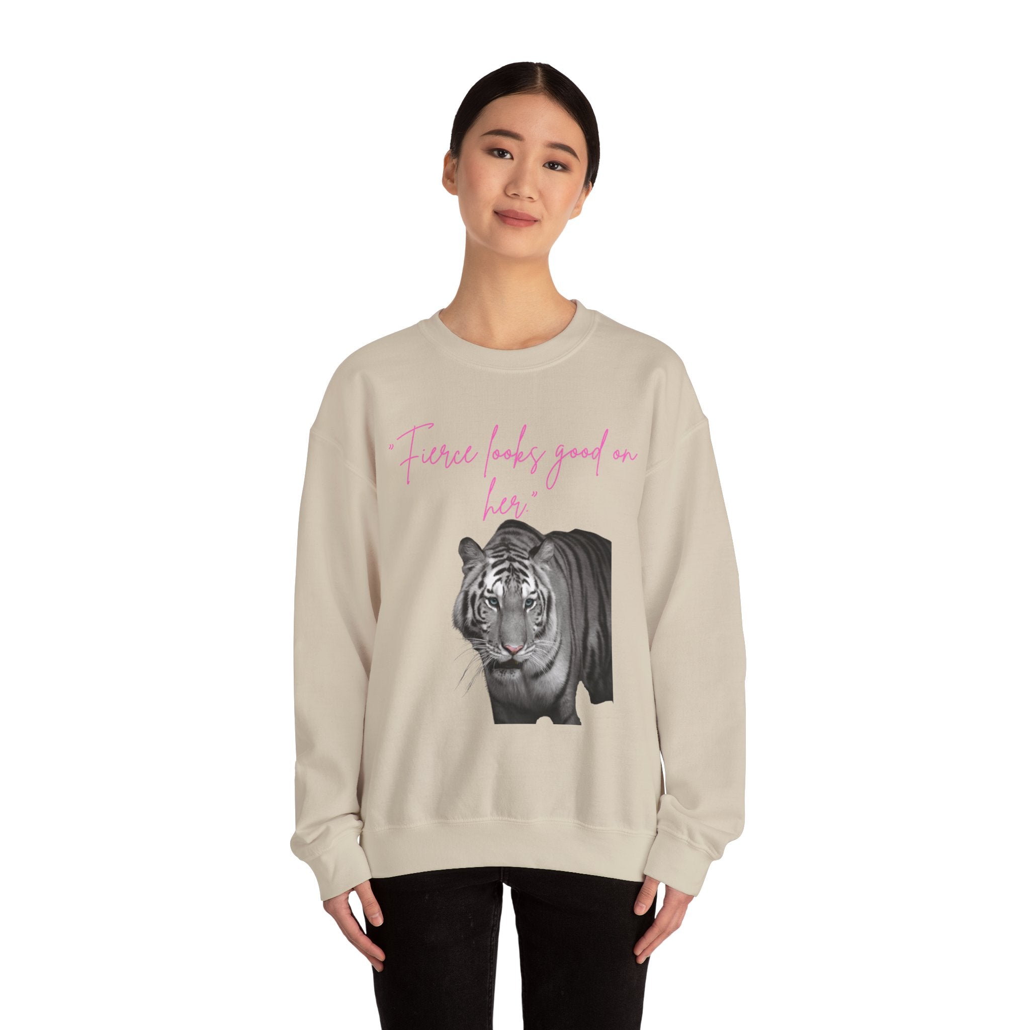 "Fierce Looks Good on Her" White Tiger GraphicCrewneck Sweatshirt
